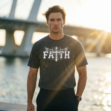 Man standing by water, wearing a dark "FAITH" graphic t-shirt, with sunlight filtering through.