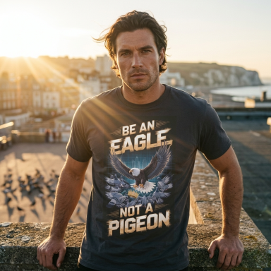 Man wearing a t-shirt with "Be an eagle, not a pigeon" in front of a scenic view.